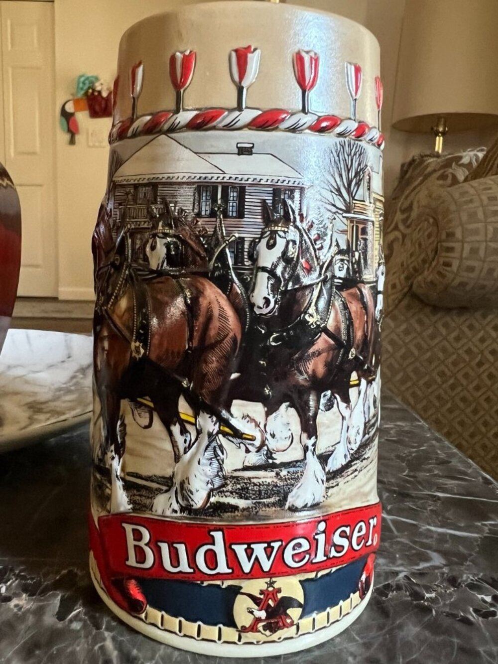 Budweiser B Series Clydesdales Beer Stein Vintage Ceramic Mug Holiday Scene